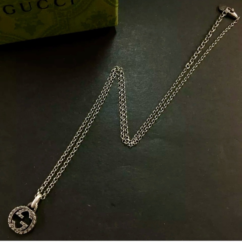 Authentic GUCCI Arabesque Interlocking G Silver 925 Pendant Necklace